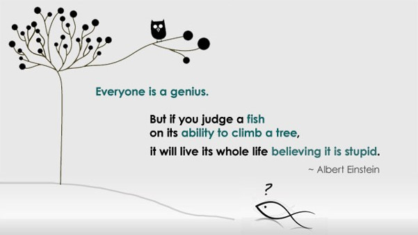 Quote from Einstein "Everyone is a genius. But if you judge a fish on its ability to climb a tree, it will live its whole life believing it is stupid"