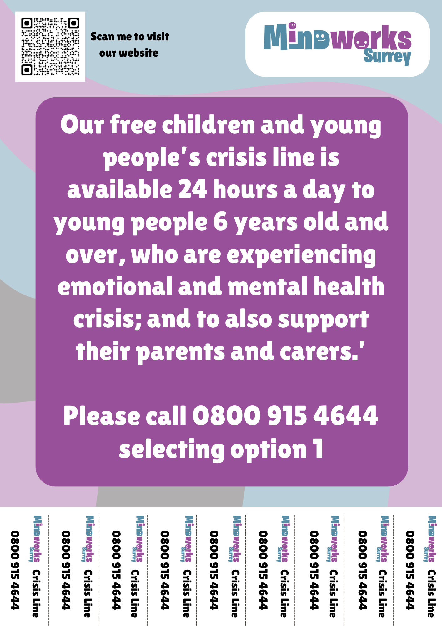 Our free children and young people’s crisis line is available 24 hours a day for young people 6 years old and over, parents and carers who are experiencing emotional and mental health crisis. Please call 0800 915 4644 selecting option 1